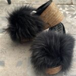 Black Platform Slippers with Real Fox Fur