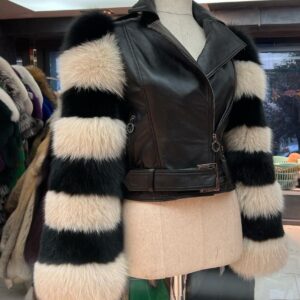 Black and White Fur Leather Jacket - Image 3