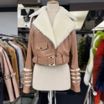 Light Camel Sheepskin Jacket with Fluffy Collar