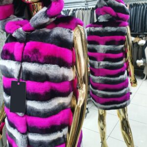 Long Luxury Natural Rex Rabbit Fur Vest with Removable Hood - Image 7