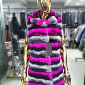 Long Luxury Natural Rex Rabbit Fur Vest with Removable Hood - Image 6