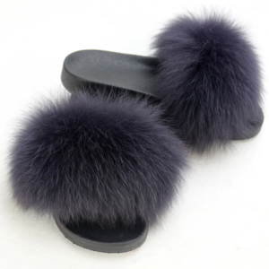 Gray with Navy Shade Real Polar Fox Fur Slippers - Image 3