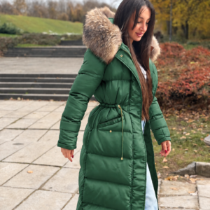 Matte Long Basic Jacket Riri Decorated with Genuine Leather and Natural Raccoon Fur - Image 8