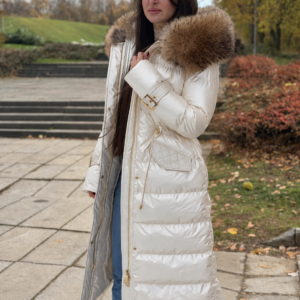 Little Shiny Long Basic Jacket Riri Decorated with Genuine Leather and Natural Raccoon Fur - Image 2