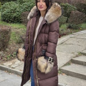 Long Basic Jacket Riri decorated with Leather and Natural Fur - Image 7
