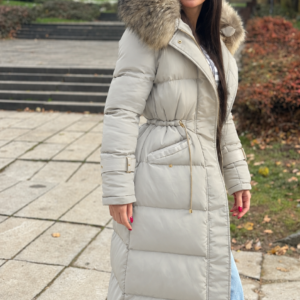 Matte Long Basic Jacket Riri Decorated with Genuine Leather and Natural Raccoon Fur - Image 6