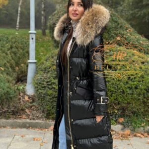 Long Basic Jacket Riri decorated with Leather and Natural Fur - Image 4