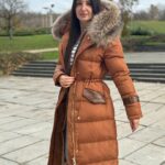 Matte Long Basic Jacket Riri Decorated with Genuine Leather and Natural Raccoon Fur
