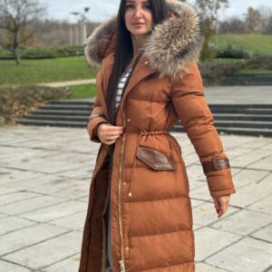 Matte Long Basic Jacket Riri Decorated with Genuine Leather and Natural Raccoon Fur