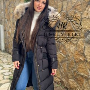 Long Basic Jacket Riri decorated with Leather and Natural Fur - Image 6