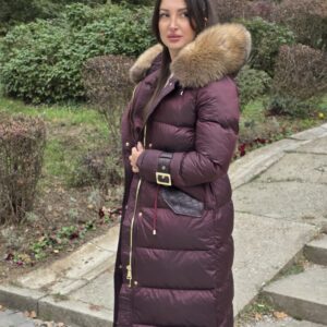Matte Long Basic Jacket Riri Decorated with Genuine Leather and Natural Raccoon Fur - Image 9