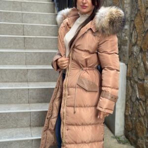 Matte Long Basic Jacket Riri Decorated with Genuine Leather and Natural Raccoon Fur - Image 5