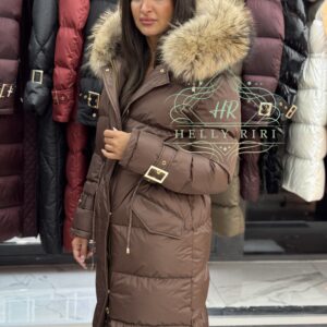 Long Basic Jacket Riri decorated with Leather and Natural Fur - Image 5
