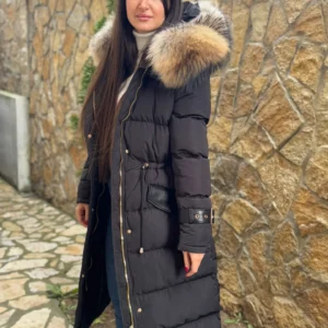Matte Long Basic Jacket Riri Decorated with Genuine Leather and Natural Raccoon Fur - Image 3