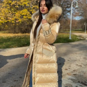 Little Shiny Long Basic Jacket Riri Decorated with Genuine Leather and Natural Raccoon Fur - Image 3