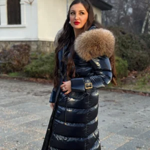 Little Shiny Long Basic Jacket Riri Decorated with Genuine Leather and Natural Raccoon Fur - Image 4