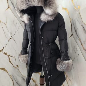 Mid Basic Jacket "Riri" with Frost Fox Fur on Sleeves decorated with Leather and Natural Fur