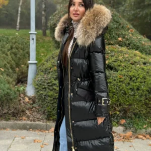 Little Shiny Long Basic Jacket Riri Decorated with Genuine Leather and Natural Raccoon Fur - Image 1